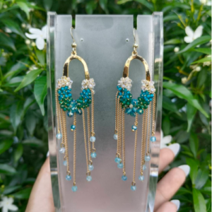 White Blue Beaded Tassel Earrings