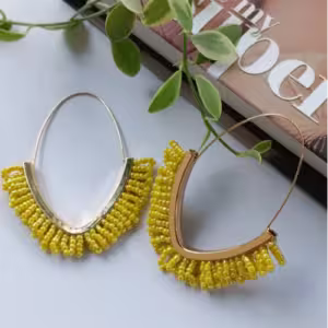 Yellow Beaded Oval Hoop Earrings