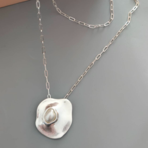 Silver Pearl Disc Pendant Necklace