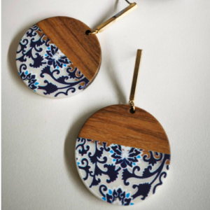 Blue Floral Wood Disc Earrings