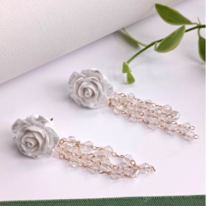 White Rose Tassel Earrings