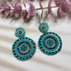 Turquoise Metallic Round Beaded Statement Earrings