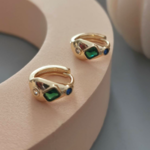 Gold Emerald Accent Huggie Earrings