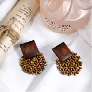 Brown Beaded Half Moon Earrings