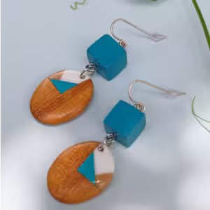 Blue Orange Diamond Wood Earrings