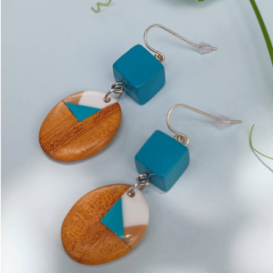 Blue Orange Wood Earrings