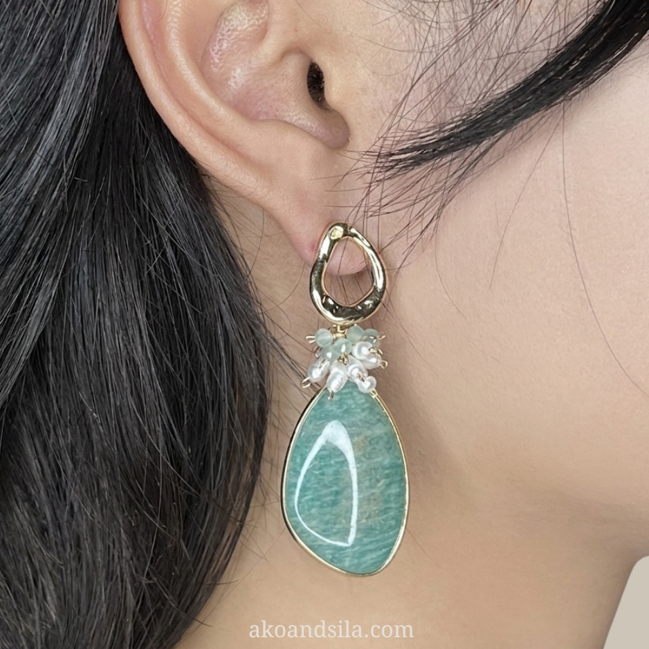 Amazonite Teardrop & Pearl Cluster Earrings - Image 2
