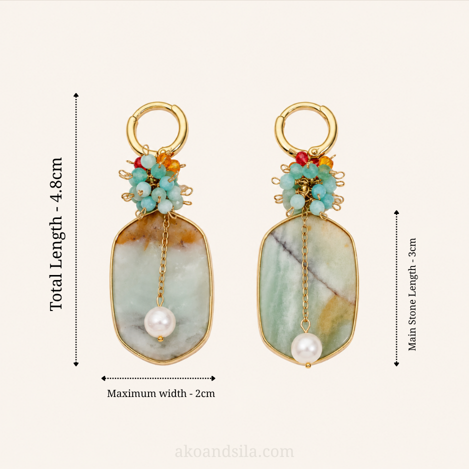 Amazonite Slab & Multi-Gem Cluster Pearl Drop Earrings - Image 6