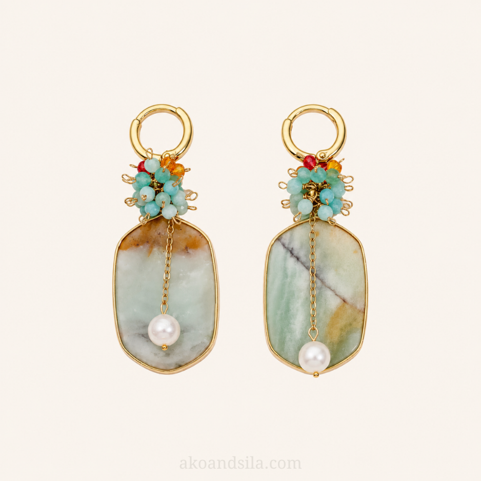 Amazonite Slab & Multi-Gem Cluster Pearl Drop Earrings - Image 7