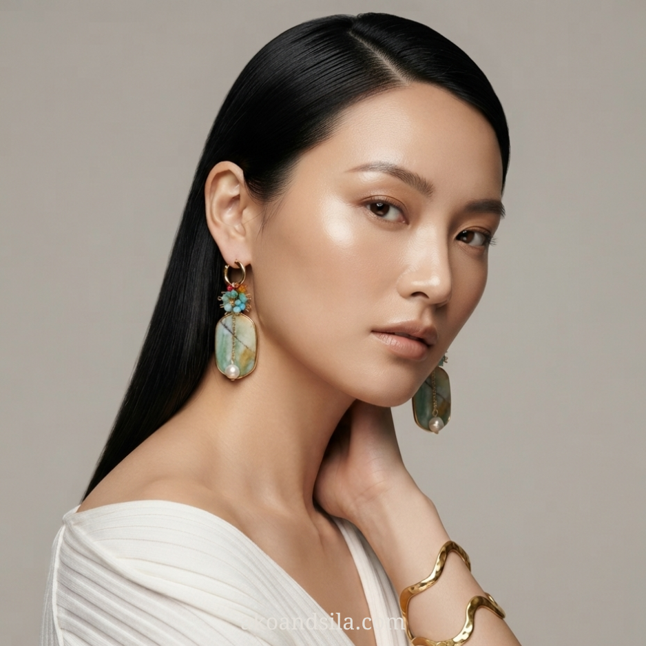 Amazonite Slab & Multi-Gem Cluster Pearl Drop Earrings - Image 2