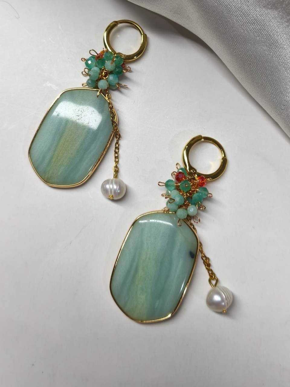 Amazonite Slab & Multi-Gem Cluster Pearl Drop Earrings - Image 5