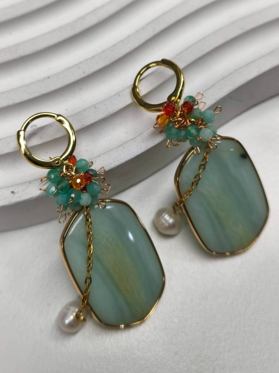 Amazonite Slab & Multi-Gem Cluster Pearl Drop Earrings - Image 4