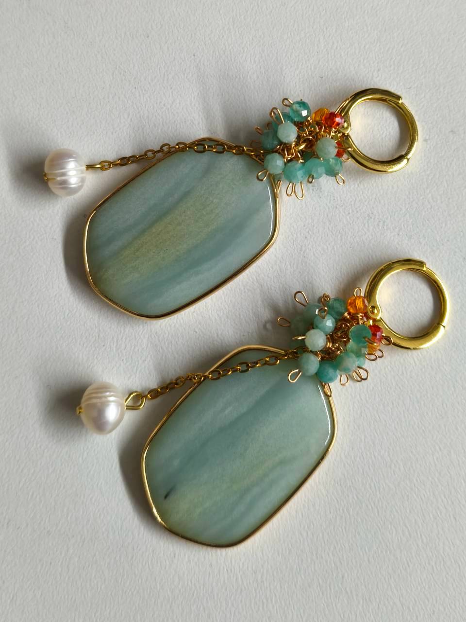 Amazonite Slab & Multi-Gem Cluster Pearl Drop Earrings - Image 3