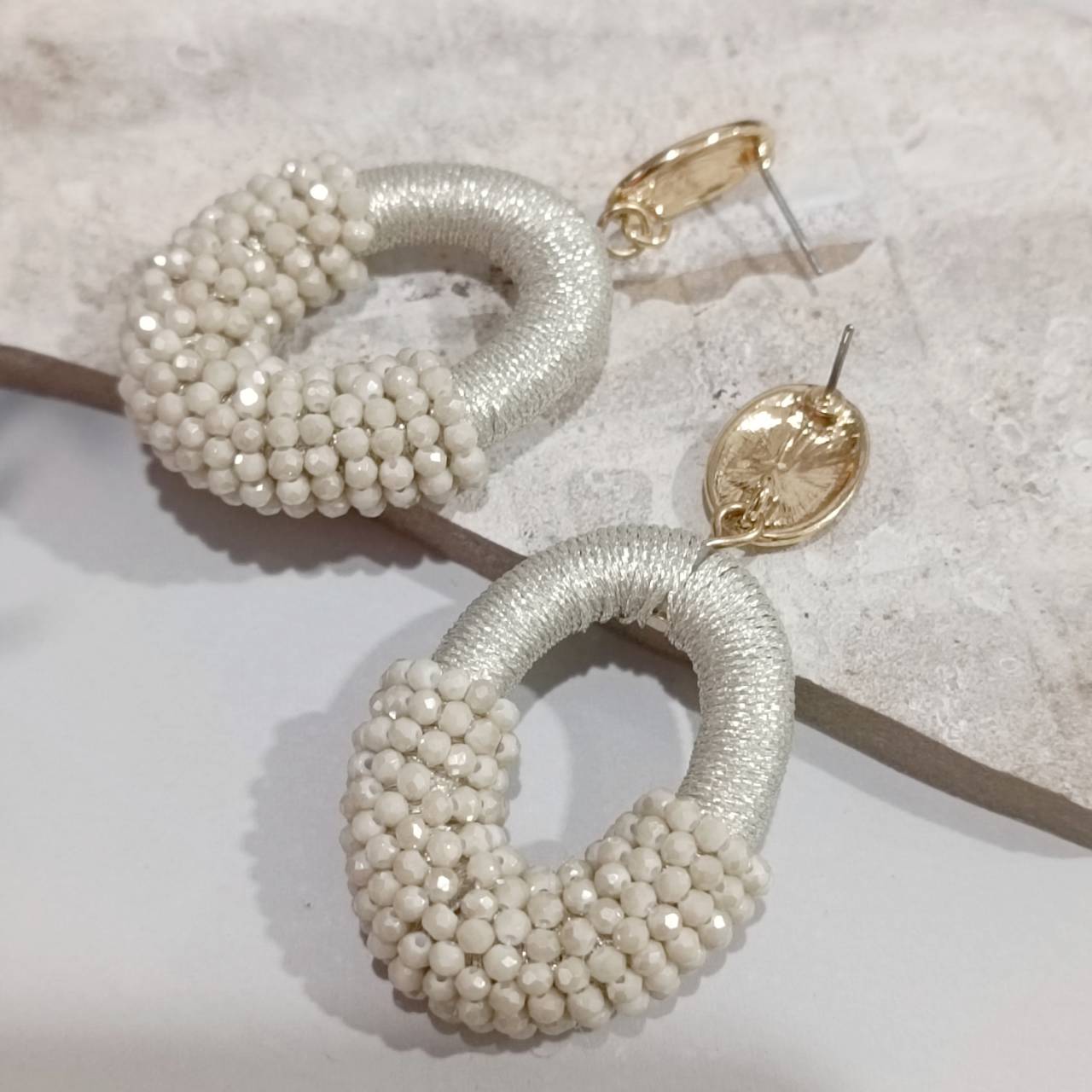 Ivory Beaded Hoops Earrings - Image 3