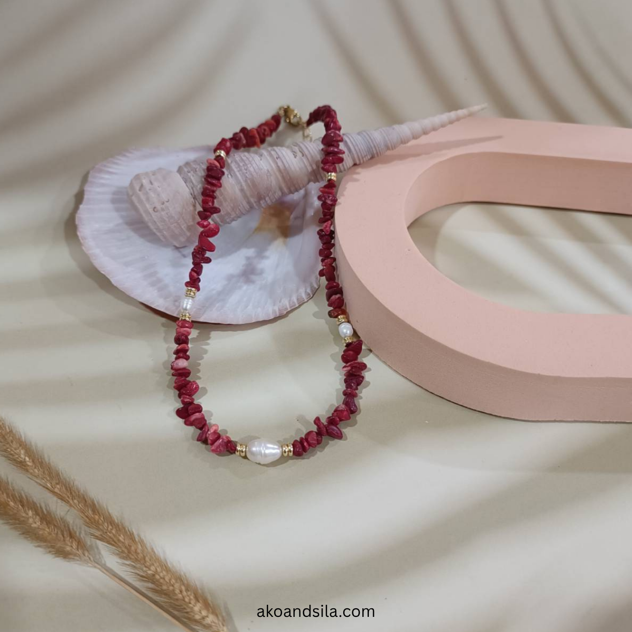 Rouge Coral & Freshwater Pearl Necklace - Image 4