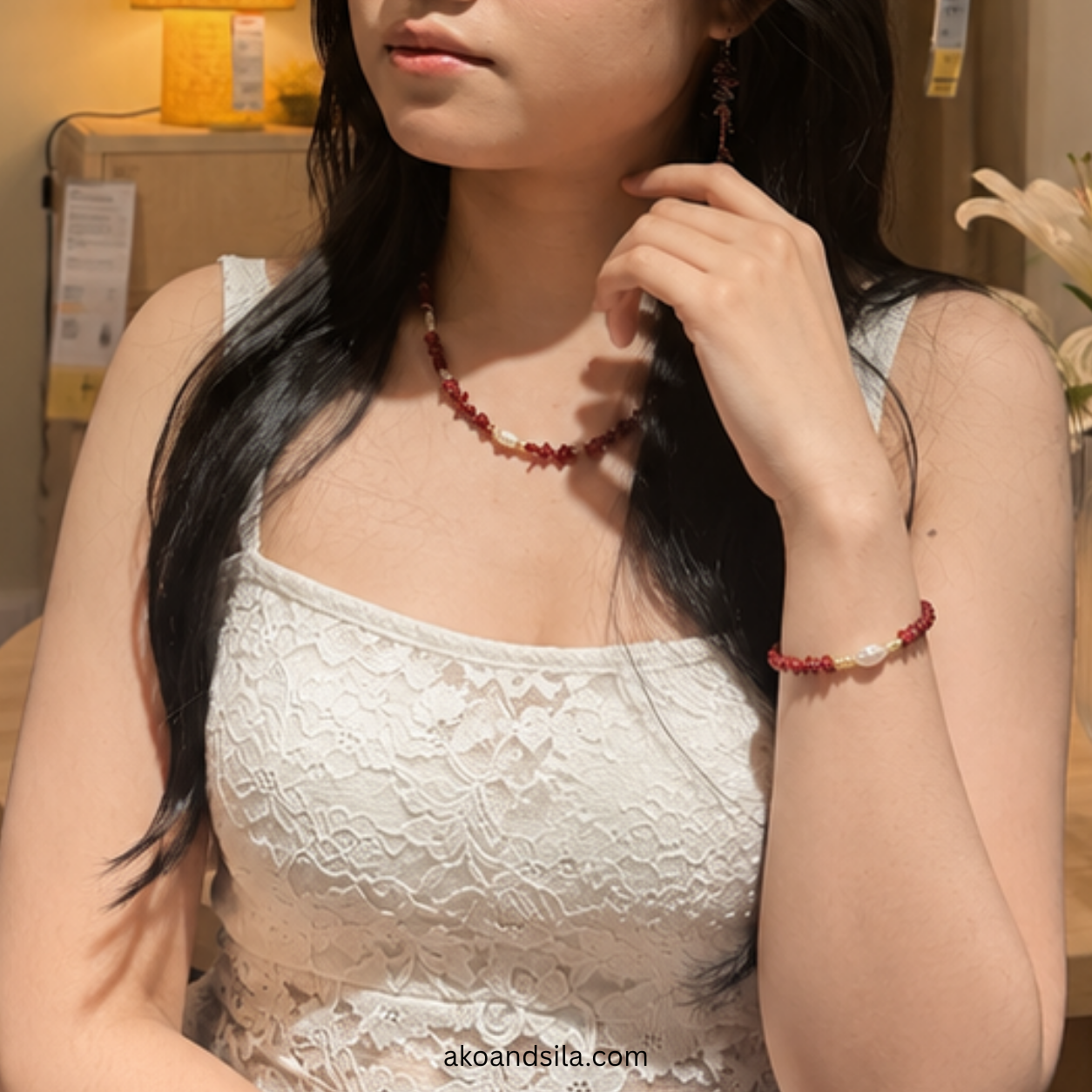 Rouge Coral & Freshwater Pearl Bracelet - Image 4