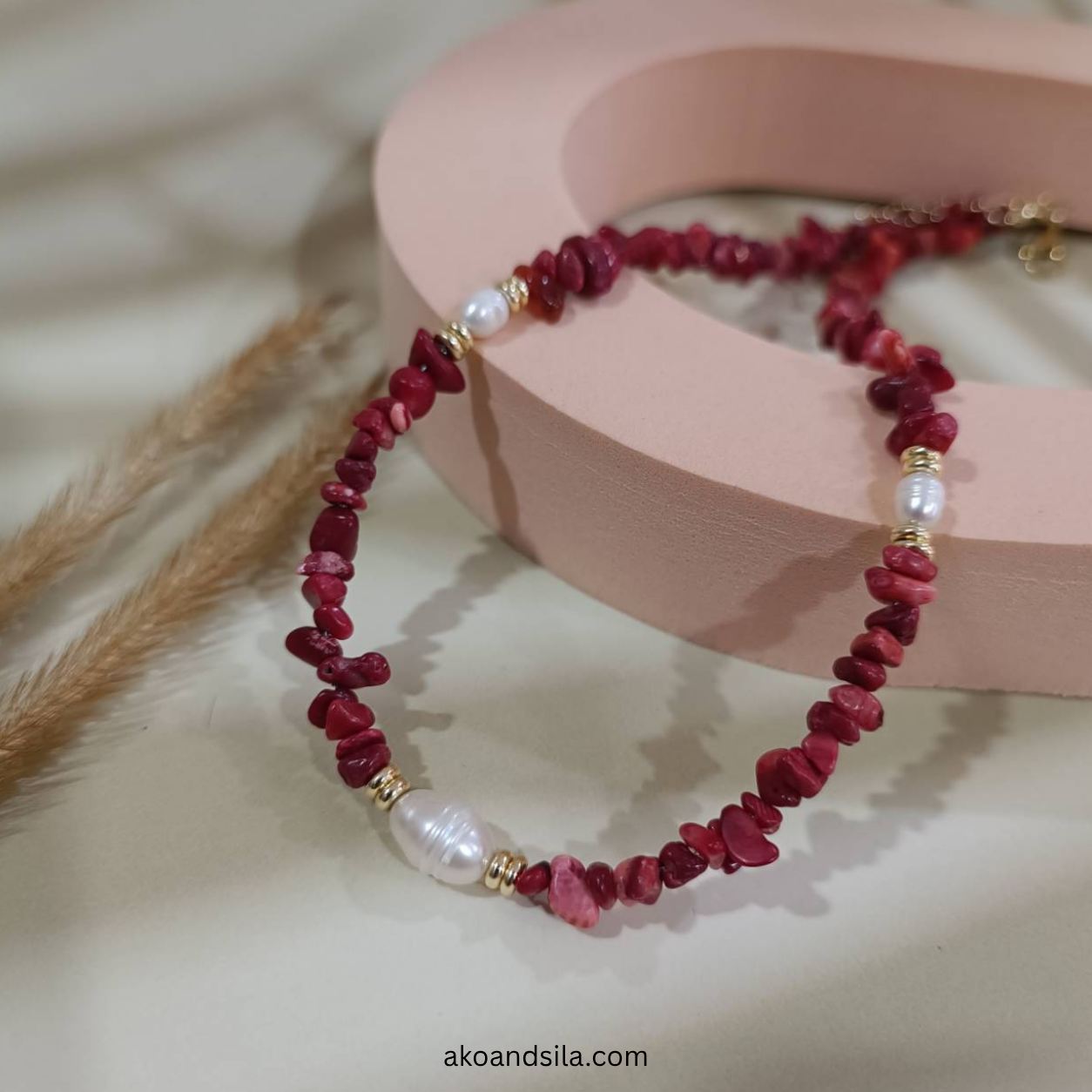 Rouge Coral & Freshwater Pearl Necklace - Image 5