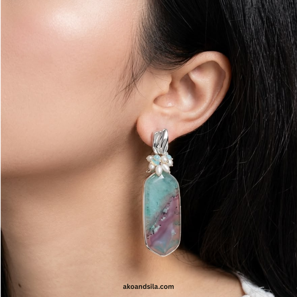 Ocean Jasper Slab & Pearl Cluster Earrings - Image 2