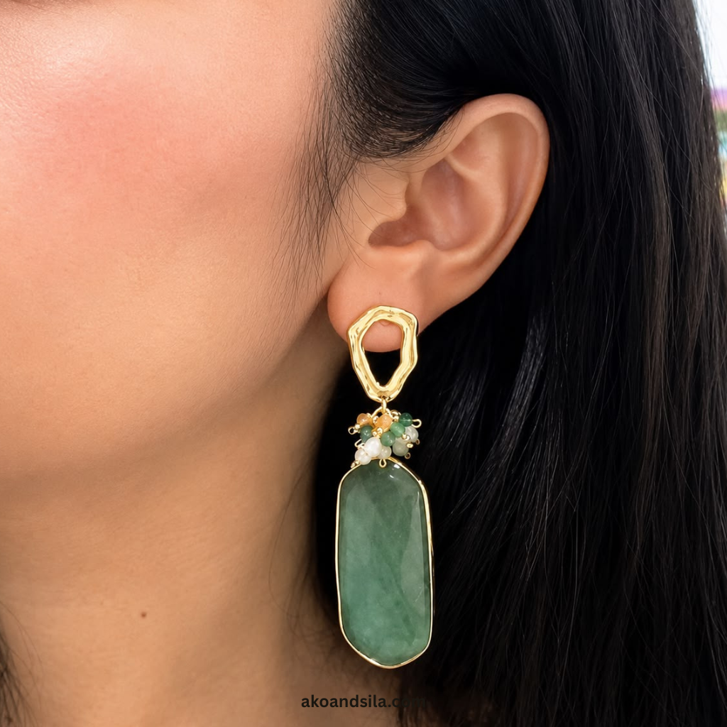 Green Aventurine Slab & Pearl Cluster Earrings - Image 2