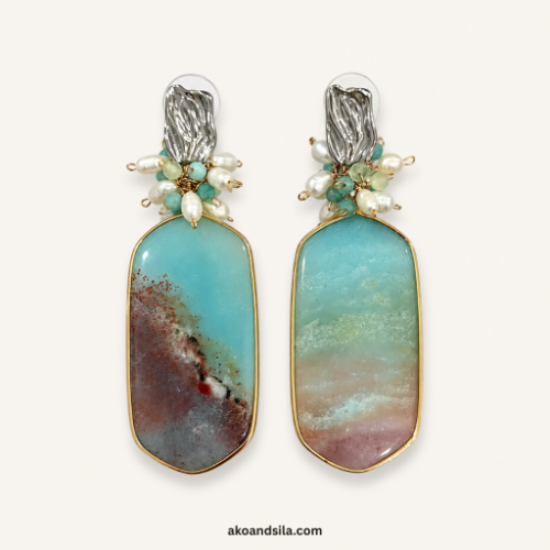 Ocean Jasper Slab & Pearl Cluster Earrings
