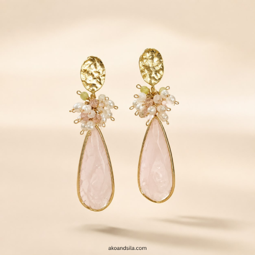 Rose Quartz Teardrop & Pearl Cluster Earrings