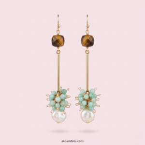 Tiger Eye & Amazonite Pearl Cluster Drop Earrings