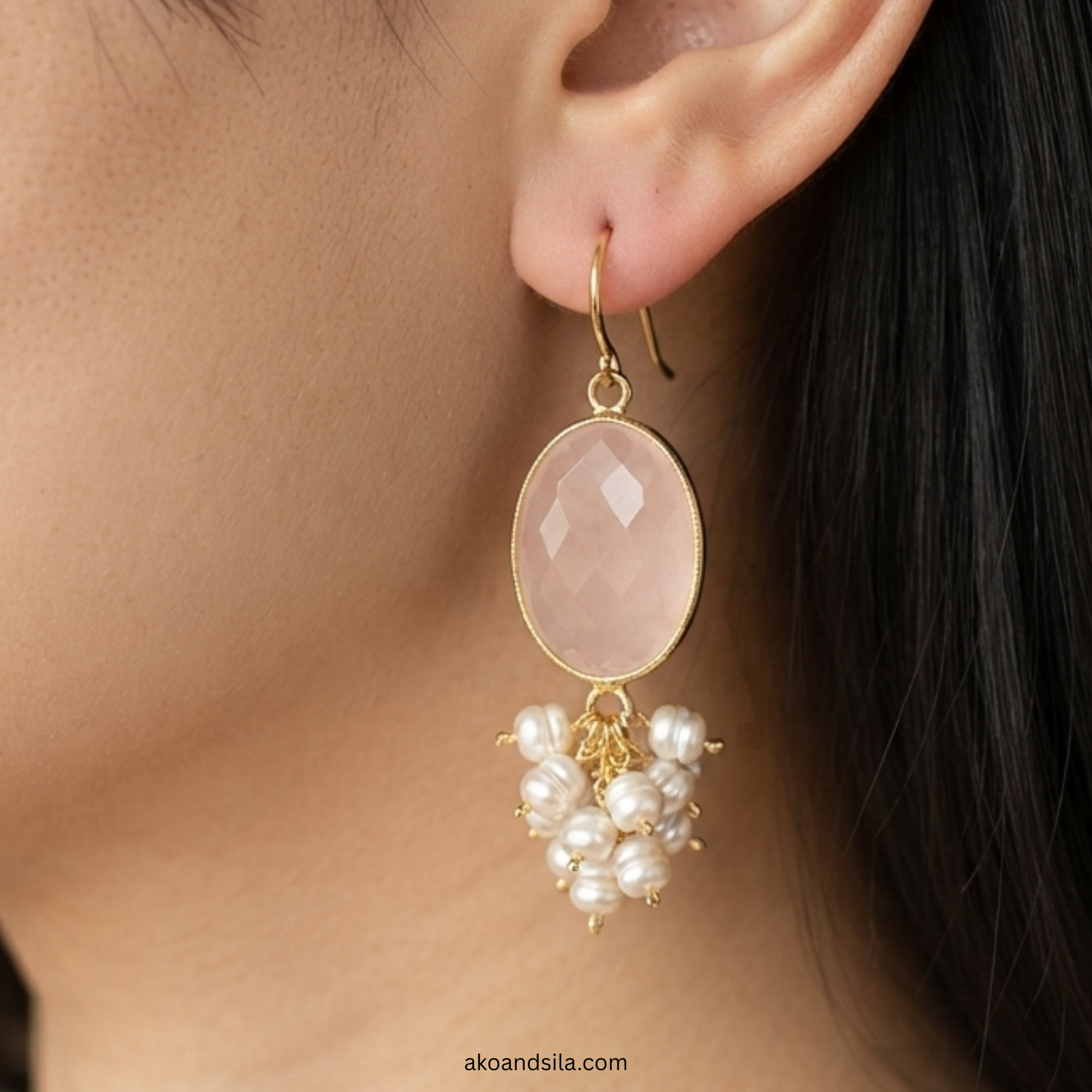 Rose Quartz Oval & Pearl Tassel Earrings - Image 2