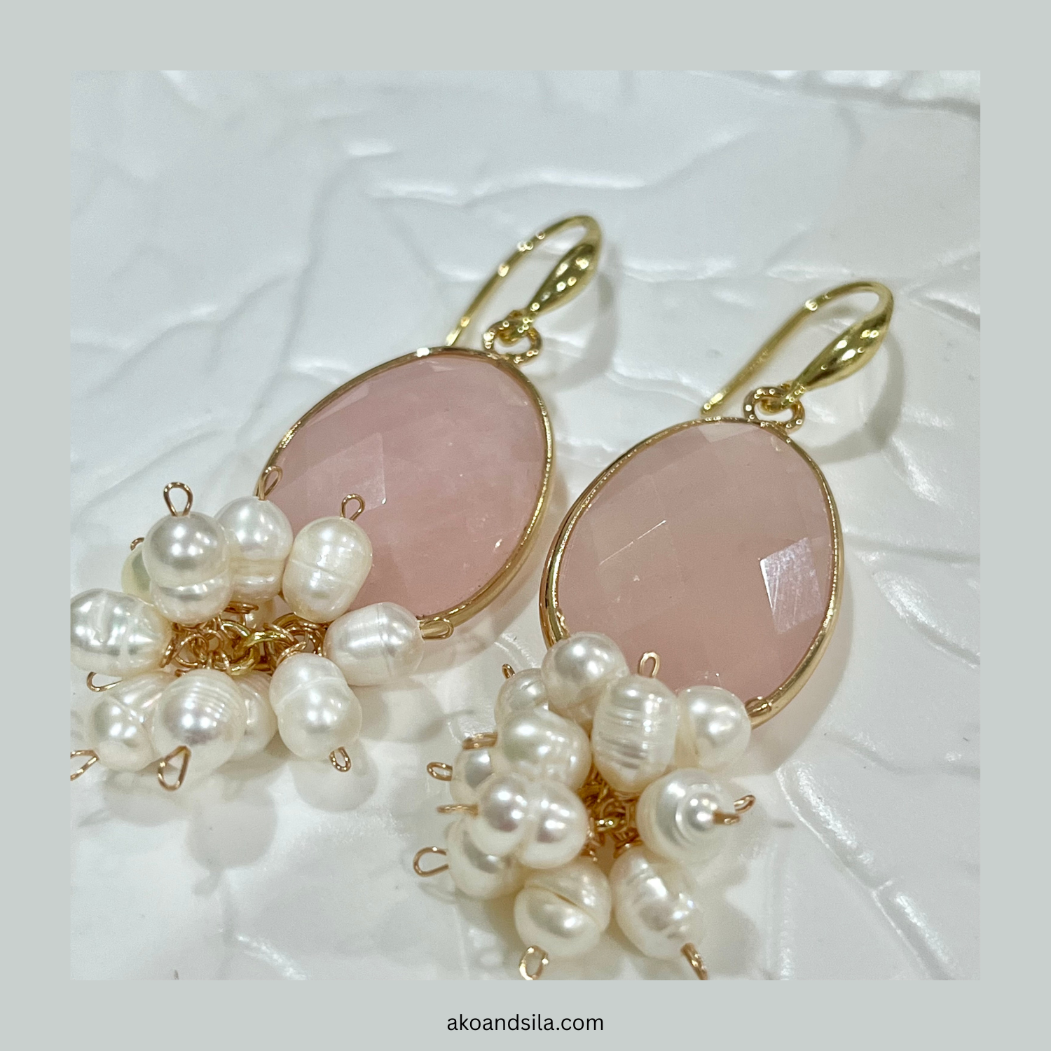 Rose Quartz Oval & Pearl Tassel Earrings - Image 3