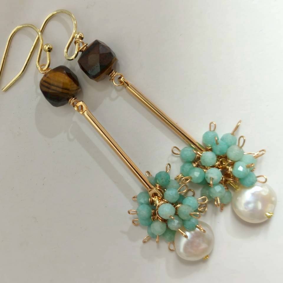 Tiger Eye & Amazonite Pearl Cluster Drop Earrings - Image 3