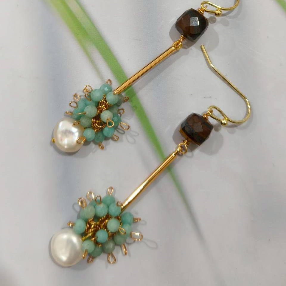 Tiger Eye & Amazonite Pearl Cluster Drop Earrings - Image 4