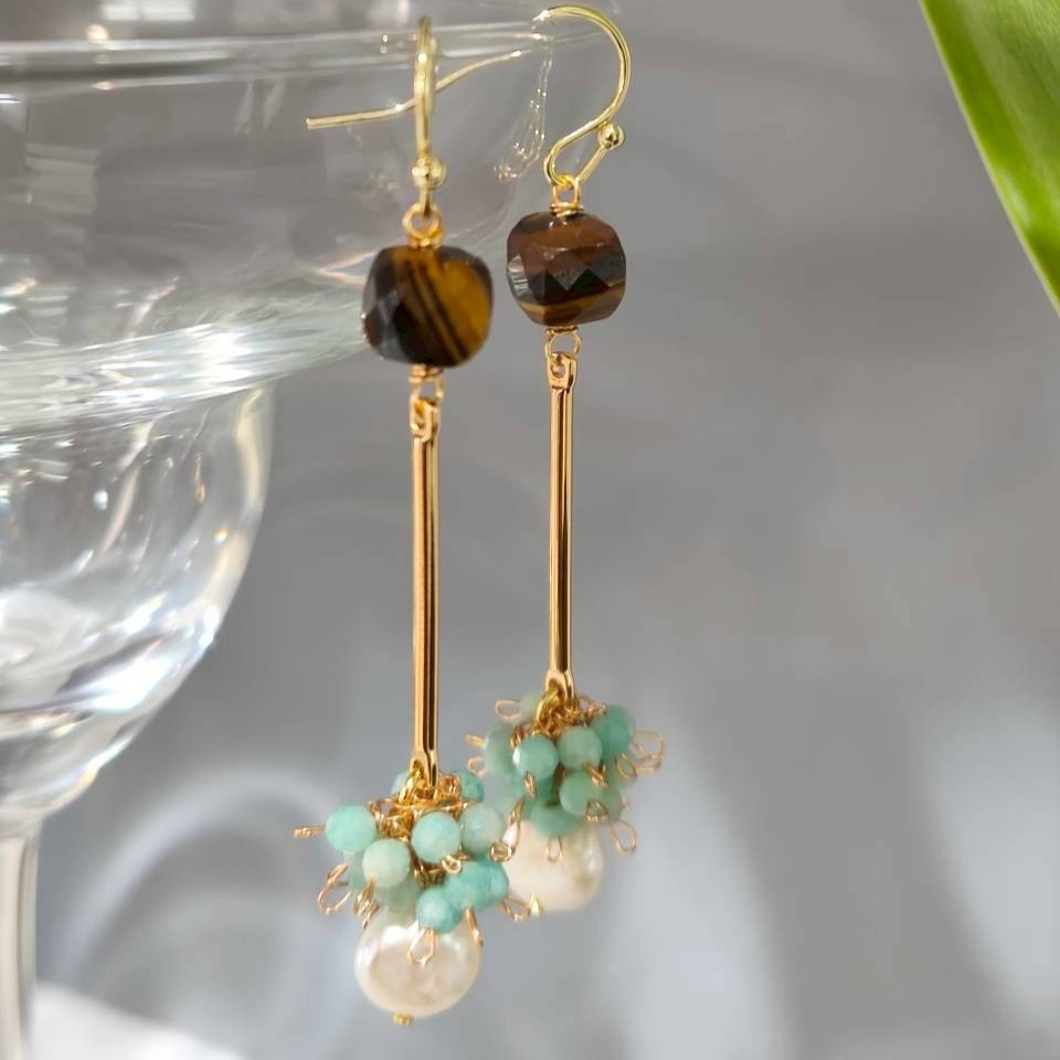 Tiger Eye & Amazonite Pearl Cluster Drop Earrings - Image 5