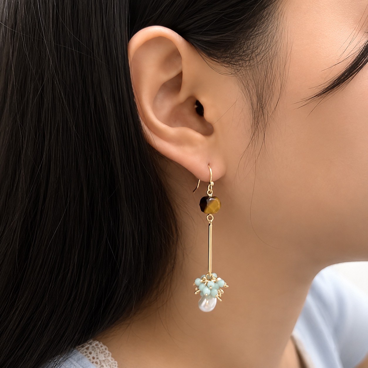 Tiger Eye & Amazonite Pearl Cluster Drop Earrings - Image 2