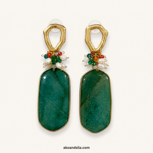Green Aventurine Slab & Pearl Cluster Earrings