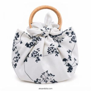 Navy Leaf Silhouette Poly-Cotton Knot Bag with Bamboo Handle