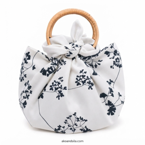 Navy Leaf Silhouette Poly-Cotton Knot Bag with Bamboo Handle