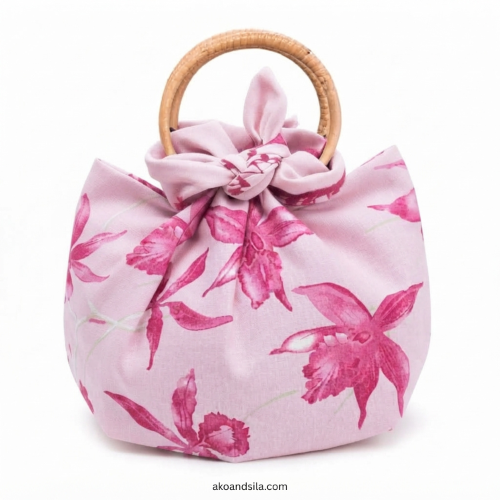 Blush Pink Orchid Linen Knot Bag with Bamboo Handle