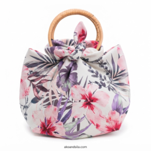 Pink Hibiscus Floral Linen Knot Bag with Bamboo Handle