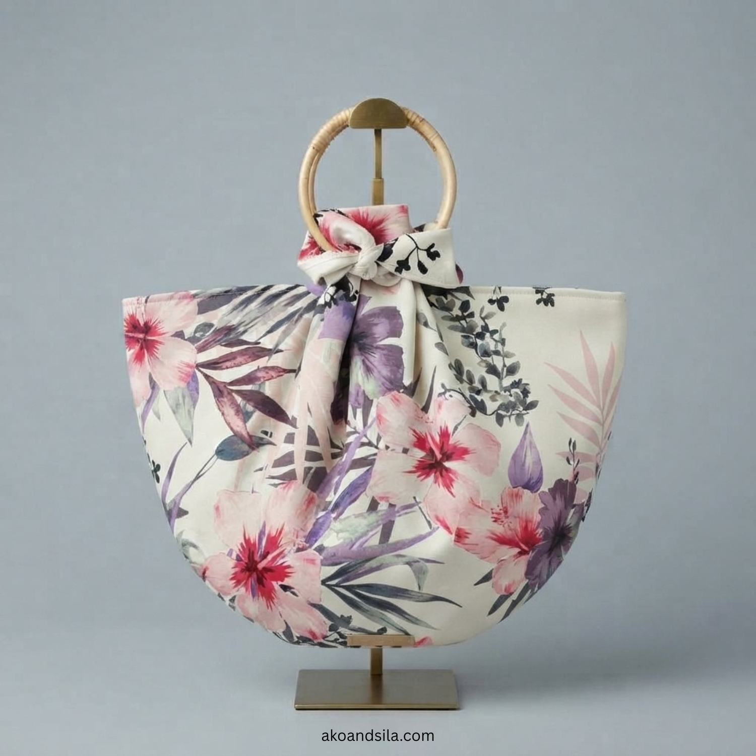 Pink Hibiscus Floral Linen Knot Bag with Bamboo Handle - Image 6