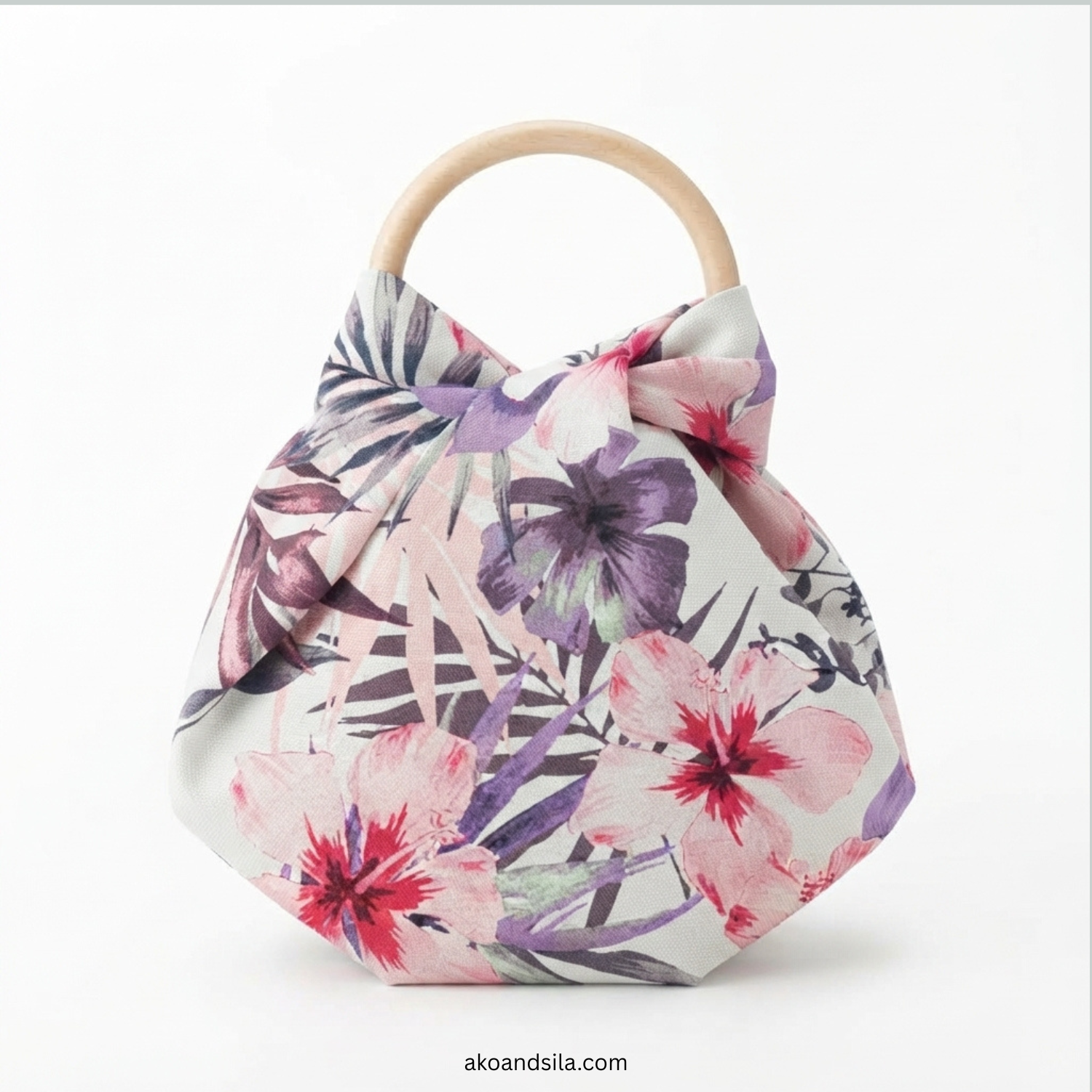 Pink Hibiscus Floral Linen Knot Bag with Bamboo Handle - Image 5