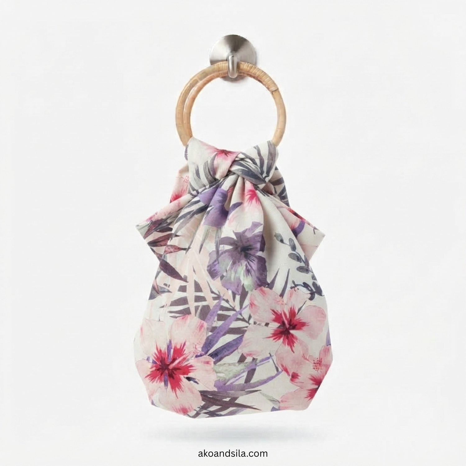 Pink Hibiscus Floral Linen Knot Bag with Bamboo Handle - Image 4