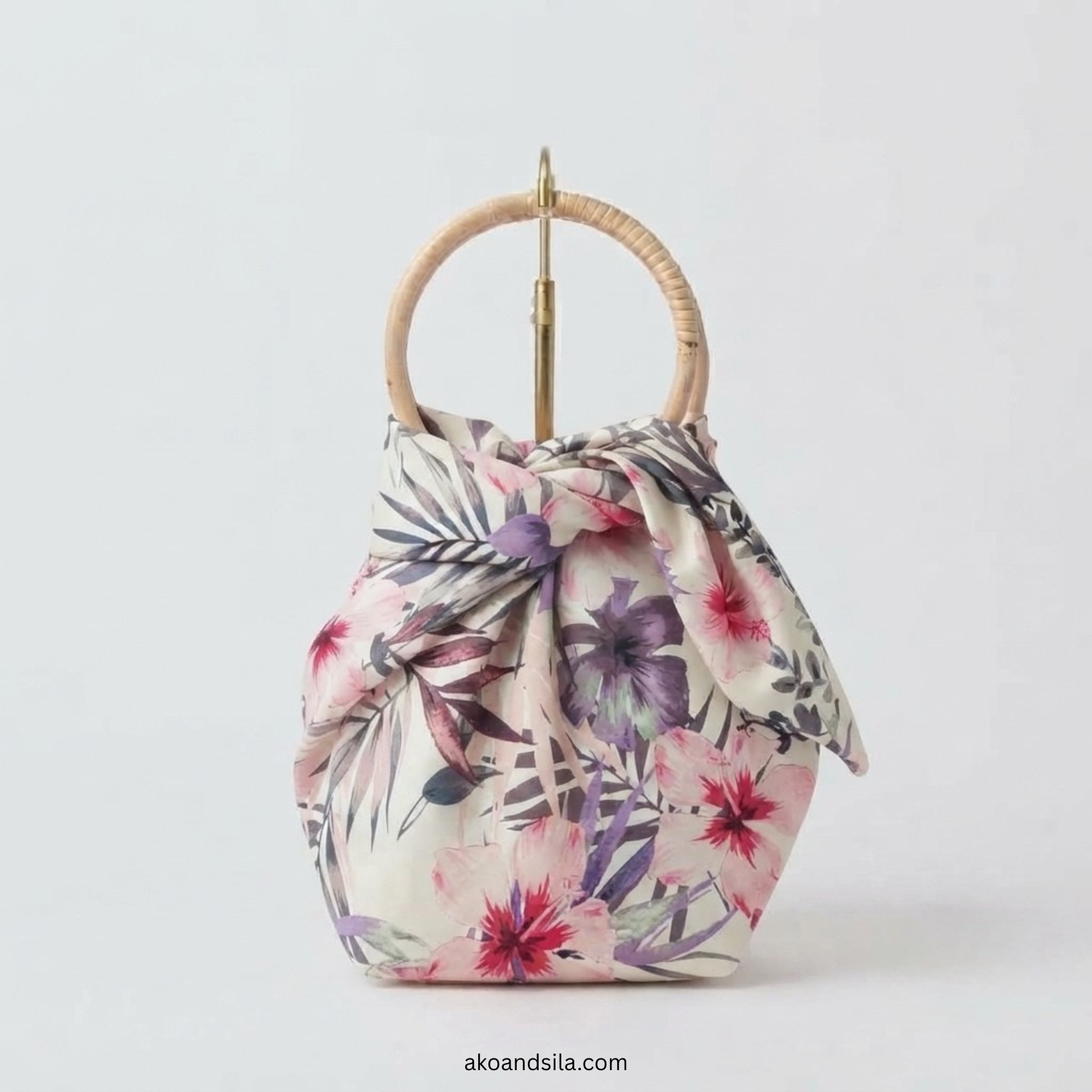 Pink Hibiscus Floral Linen Knot Bag with Bamboo Handle - Image 3