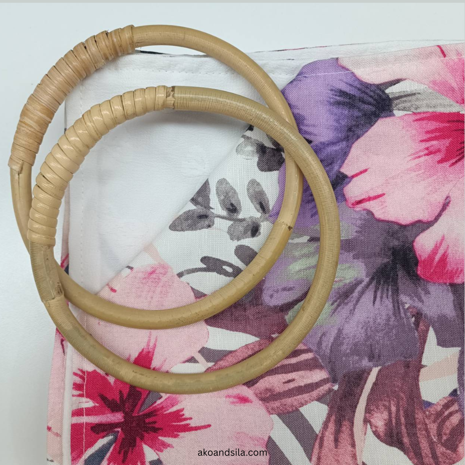 Pink Hibiscus Floral Linen Knot Bag with Bamboo Handle - Image 2