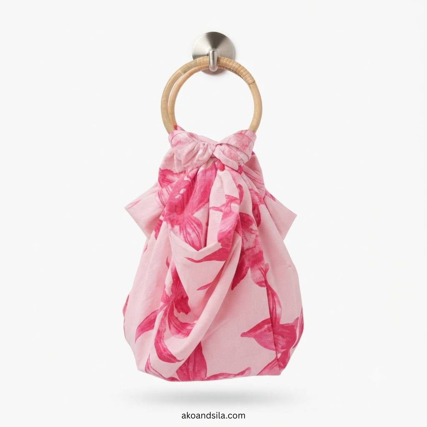 Blush Pink Orchid Linen Knot Bag with Bamboo Handle - Image 4