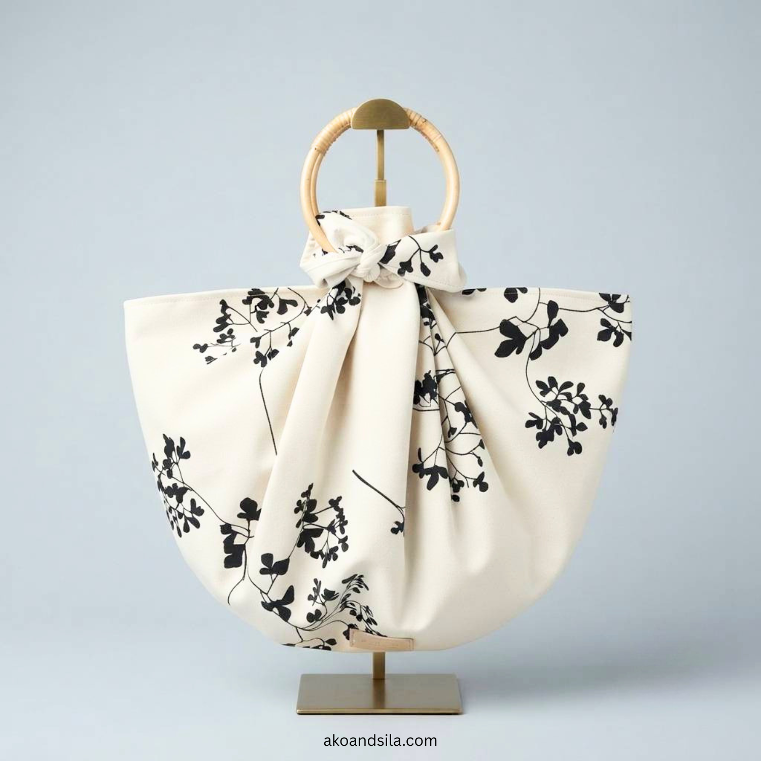 Navy Leaf Silhouette Poly-Cotton Knot Bag with Bamboo Handle - Image 6