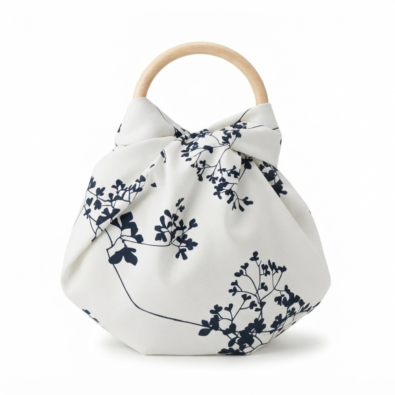 Navy Leaf Silhouette Poly-Cotton Knot Bag with Bamboo Handle - Image 5