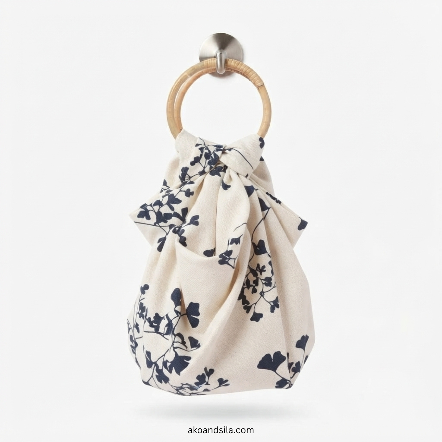 Navy Leaf Silhouette Poly-Cotton Knot Bag with Bamboo Handle - Image 4