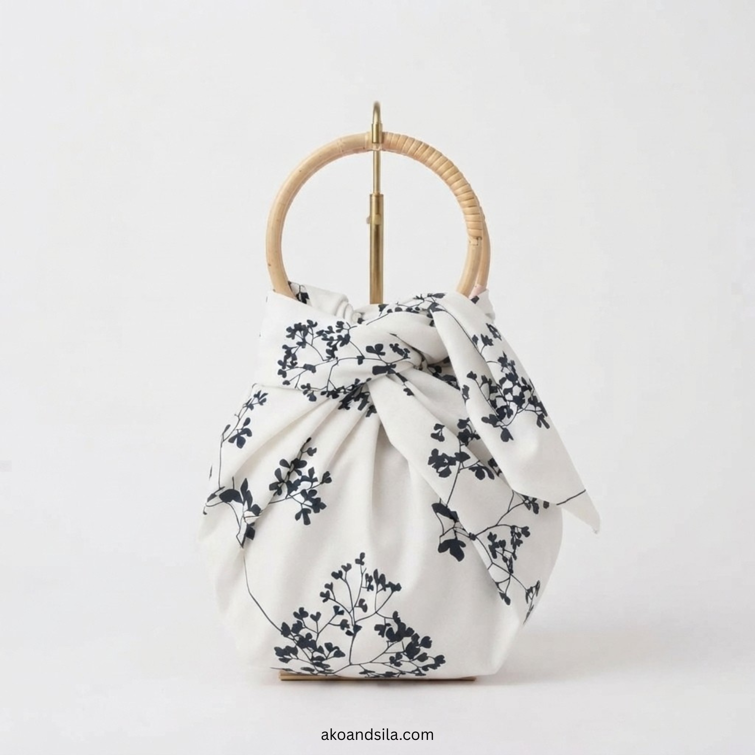Navy Leaf Silhouette Poly-Cotton Knot Bag with Bamboo Handle - Image 3