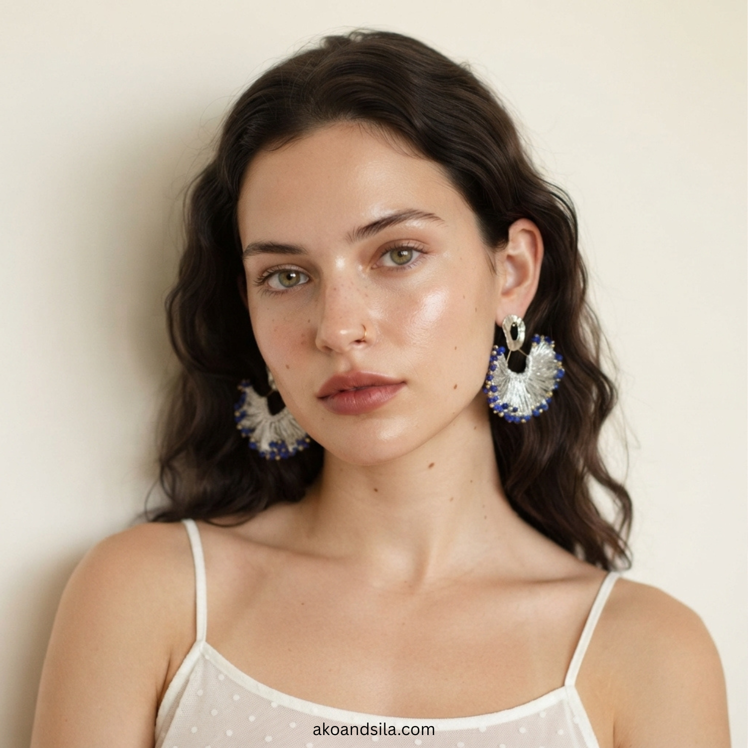 Golden Blue Fringe Beaded Earrings - Image 2