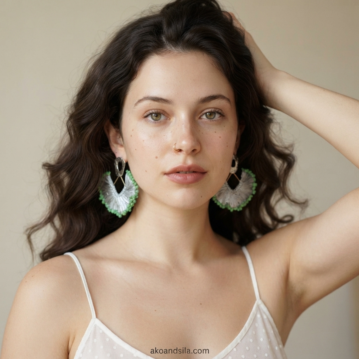 Light Green Fringe Beaded Earrings - Image 2