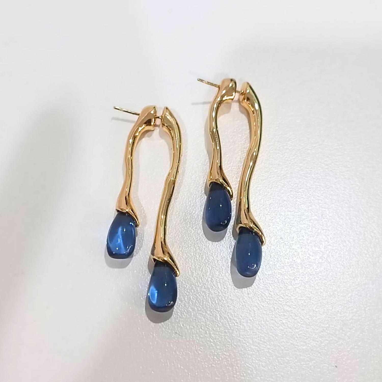 Dark Ocean Blue Acrylic Drop Wave Earrings - Image 3